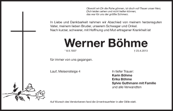 Traueranzeige von Werner Boehme von Pegnitz-Zeitung